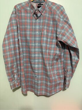 Ariat Coral and Light Blue Plaid Casual Button-Down Shirt